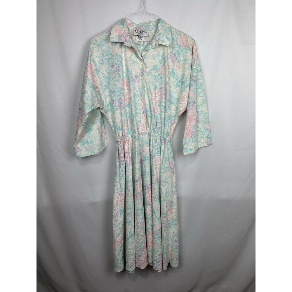 Vintage New Looks California Pastel Floral Dress With Lace Appliqué Size 14